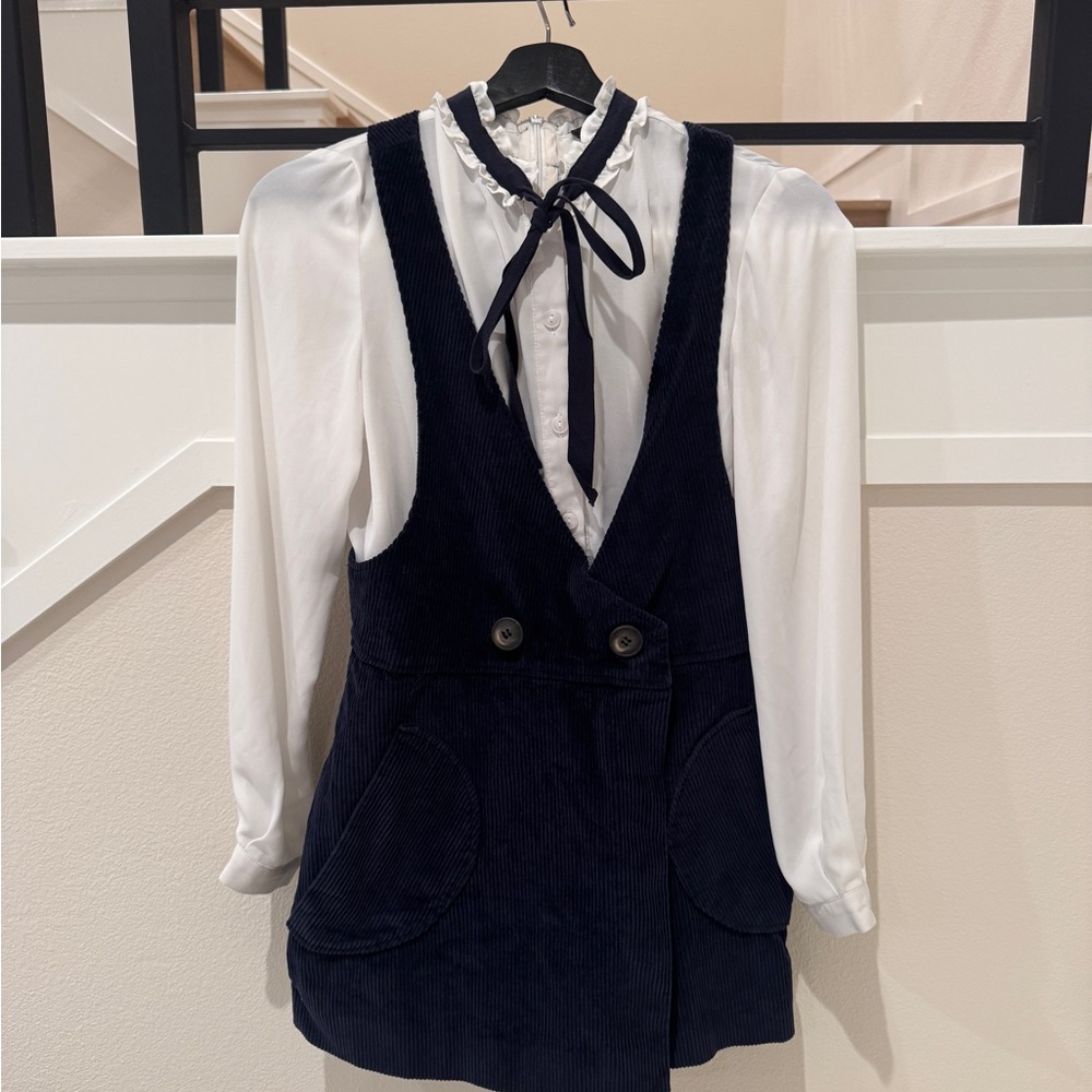Topshop Navy Corduroy Dress with White Ruffle Blouse